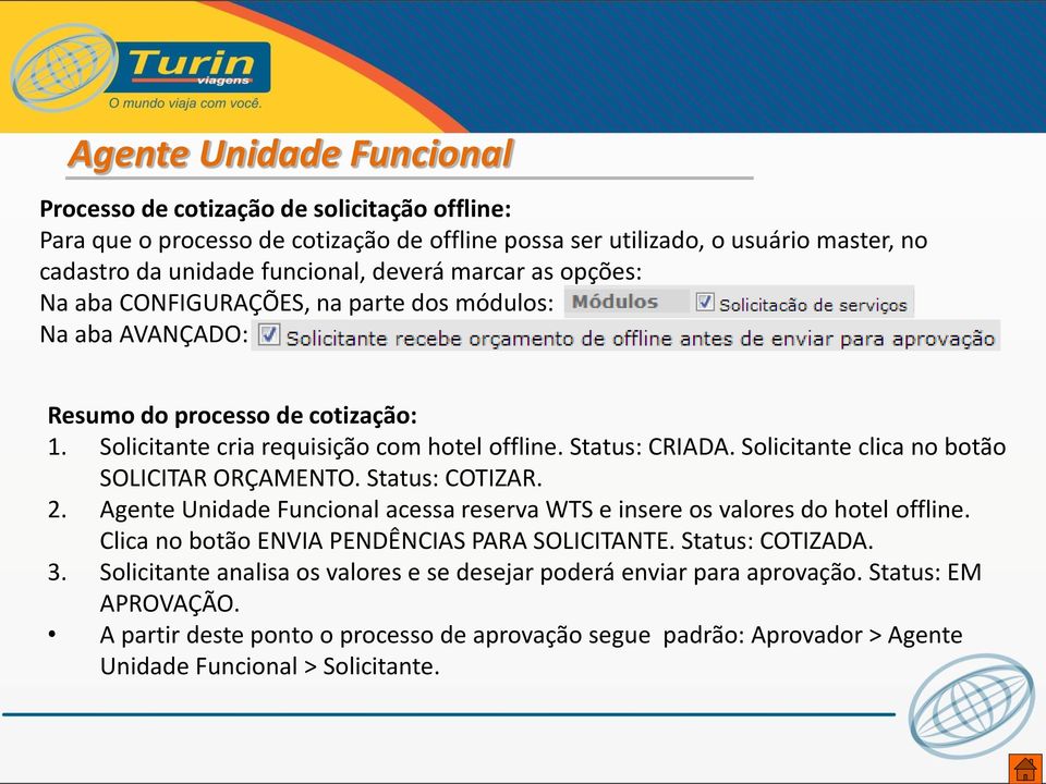 Solicitante clica no botão SOLICITAR ORÇAMENTO. Status: COTIZAR. 2. Agente Unidade Funcional acessa reserva WTS e insere os valores do hotel offline. Clica no botão ENVIA PENDÊNCIAS PARA SOLICITANTE.