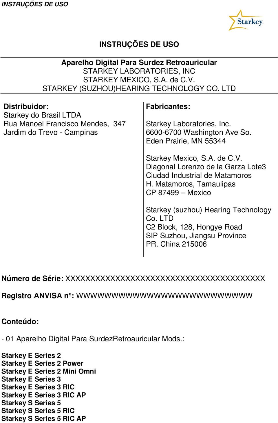 Eden Prairie, MN 55344 Starkey Mexico, S.A. de C.V. Diagonal Lorenzo de la Garza Lote3 Ciudad Industrial de Matamoros H. Matamoros, Tamaulipas CP 87499 Mexico Starkey (suzhou) Hearing Technology Co.