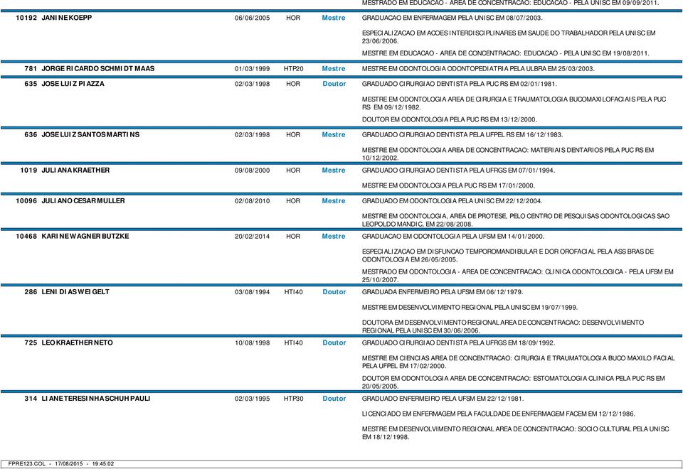 781 JORGE RICARDO SCHMIDT MAAS 01/03/1999 HTP20 Mestre MESTRE EM ODONTOLOGIA ODONTOPEDIATRIA PELA ULBRA EM 25/03/2003.
