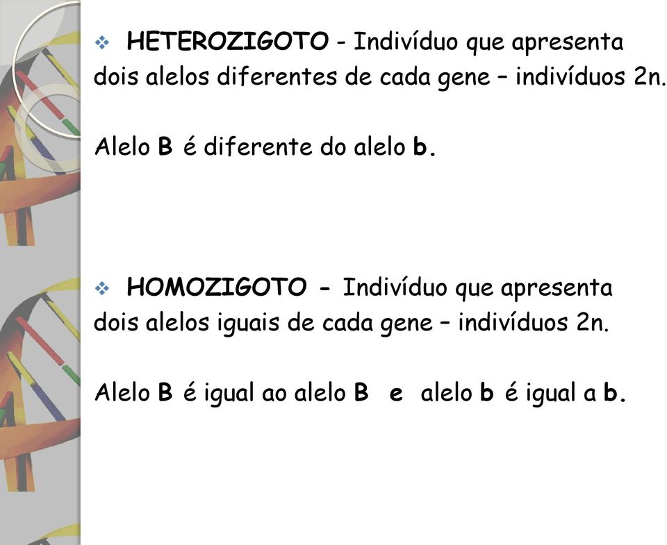 HOMOZIGOTO - Indivíduo que apresenta dois alelos iguais de cada