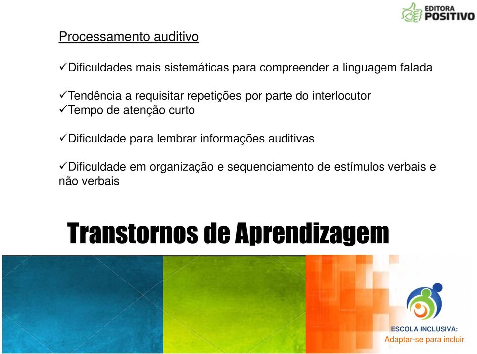 Tempo de atenção curto Dificuldade para lembrar informações auditivas Dificuldade