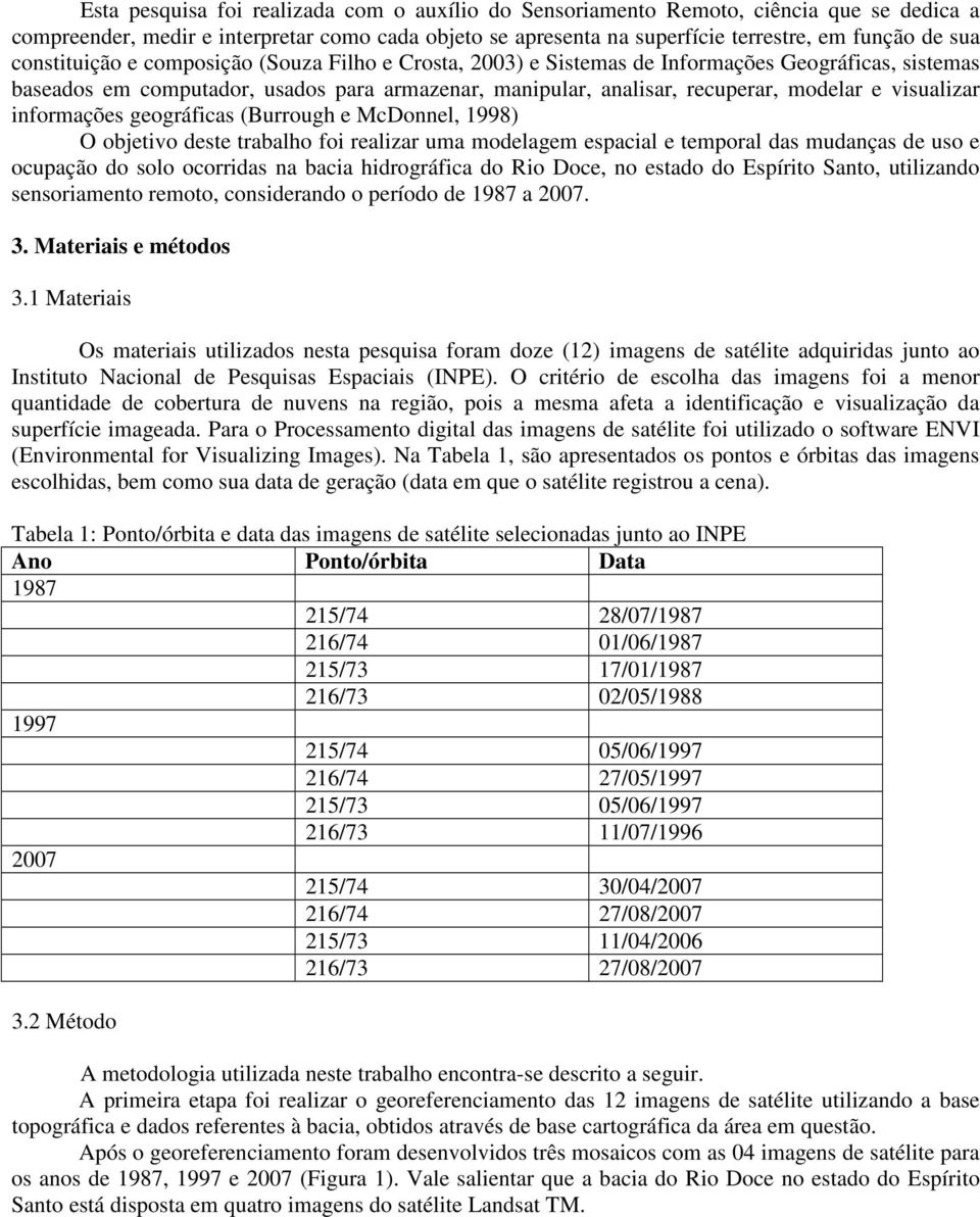 visualizar informações geográficas (Burrough e McDonnel, 1998) O objetivo deste trabalho foi realizar uma modelagem espacial e temporal das mudanças de uso e ocupação do solo ocorridas na bacia