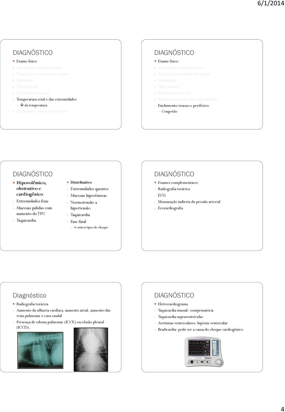 Ecocardiografia Diagnóstico Radiografia torácica - Aumento da silhueta cardíaca, aumento atrial, aumento das veias pulmonar e cava caudal - Presença de edema pulmonar (ICCE) ou efusão