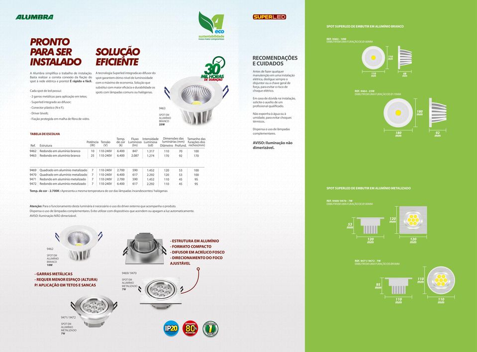 Cada spot de led possui: - 2 garras metálicas para aplicação em tetos; - Superled integrado ao difusor; - Conector plástico (N e F); - Driver bivolt; - Fiação protegida em malha de fibra de vidro.