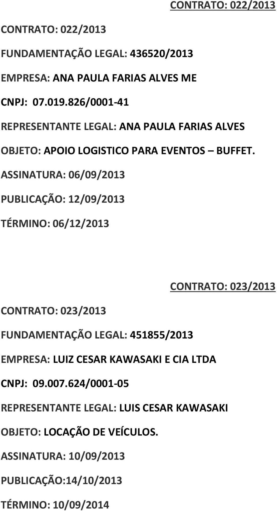 ASSINATURA: 06/09/2013 PUBLICAÇÃO: 12/09/2013 TÉRMINO: 06/12/2013 CONTRATO: 023/2013 CONTRATO: 023/2013 FUNDAMENTAÇÃO LEGAL: 451855/2013