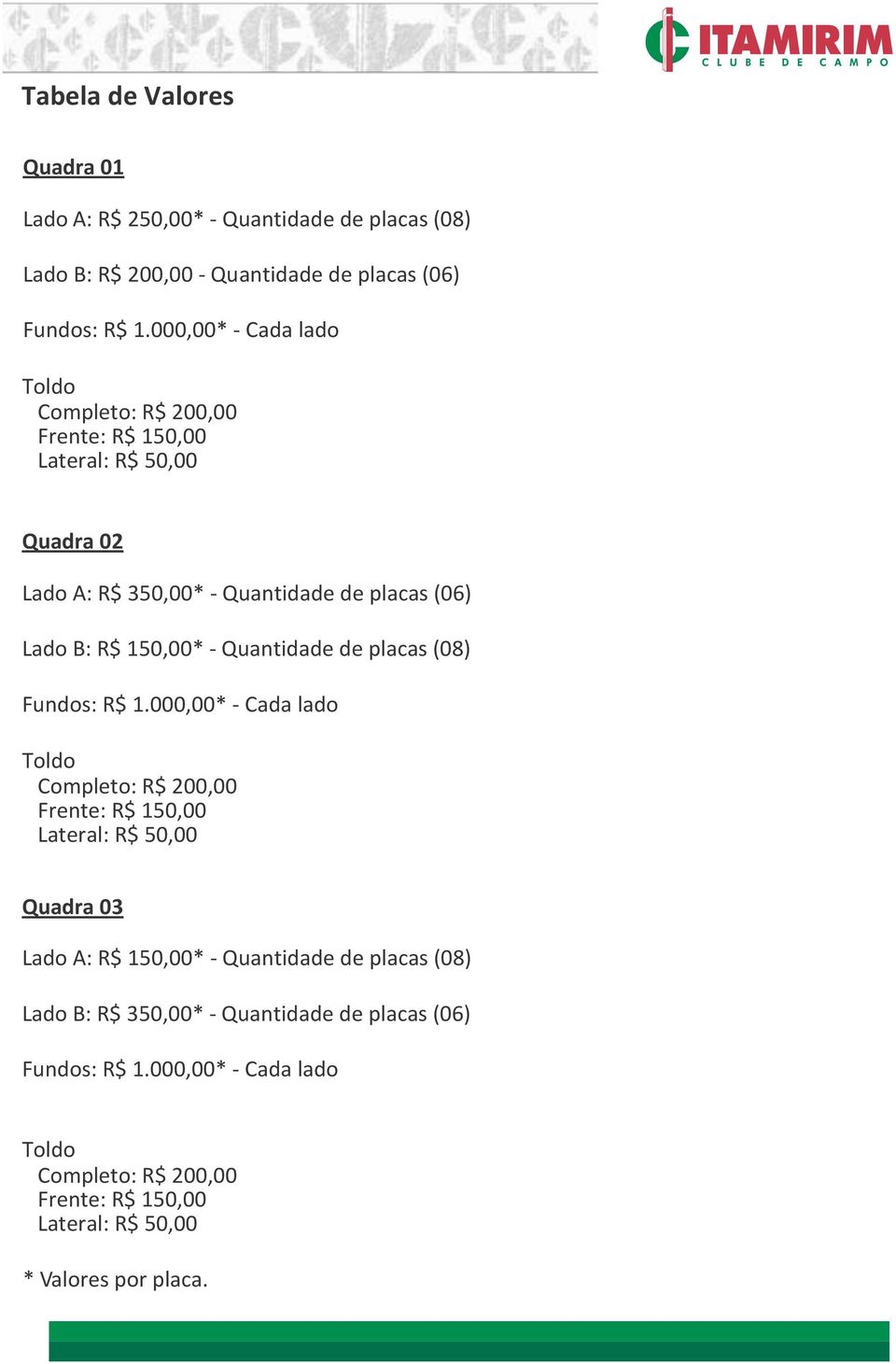 - Quantidade de placas (08) Fundos: R$ 1.