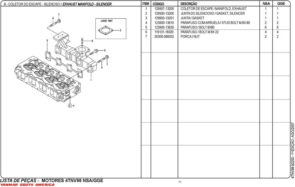 JUNTA / GASKET 1 1 4 123900-13610 PARAFUSO COM ARRUELA / STUD BOLT M 8X 80 2 2 5 123900-13630 PARAFUSO / BOLT 8X80