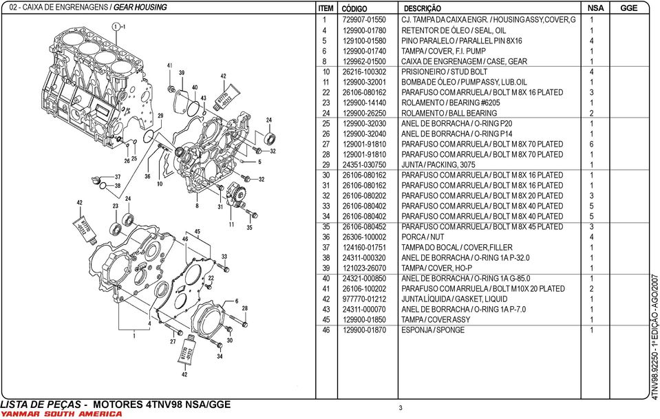 OIL 1 22 26106-080162 PARAFUSO COM ARRUELA / BOLT M 8X 16 PLATED 3 23 129900-14140 ROLAMENTO / BEARING #6205 1 24 129900-26250 ROLAMENTO / BALL BEARING 2 25 129900-32030 ANEL DE BORRACHA / O-RING P20
