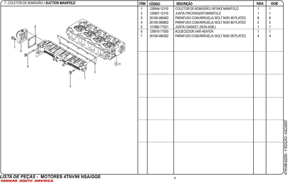 MANIFOLD 1 1 3 26106-080452 PARAFUSO COM ARRUELA / BOLT M 8X 45 PLATED 8 8 4 26106-080802 PARAFUSO COM ARRUELA / BOLT M 8X