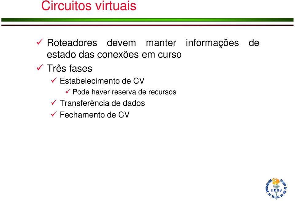 Três fases Estabelecimento de CV Pode haver