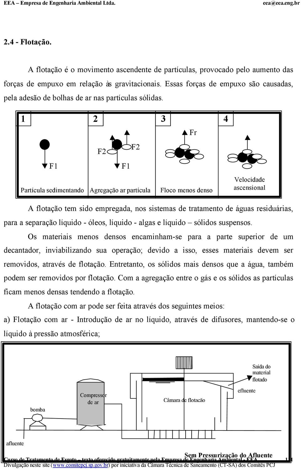 1 2 3 4 Fr F2 F2 F1 F1 Partícula sedimentando Agregação ar partícula Floco menos denso Velocidade ascensional A flotação tem sido empregada, nos sistemas de tratamento de águas residuárias, para a