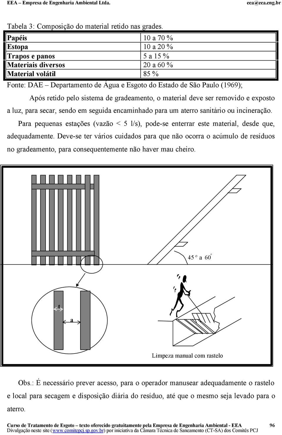 sistema de gradeamento, o material deve ser removido e exposto a luz, para secar, sendo em seguida encaminhado para um aterro sanitário ou incineração.