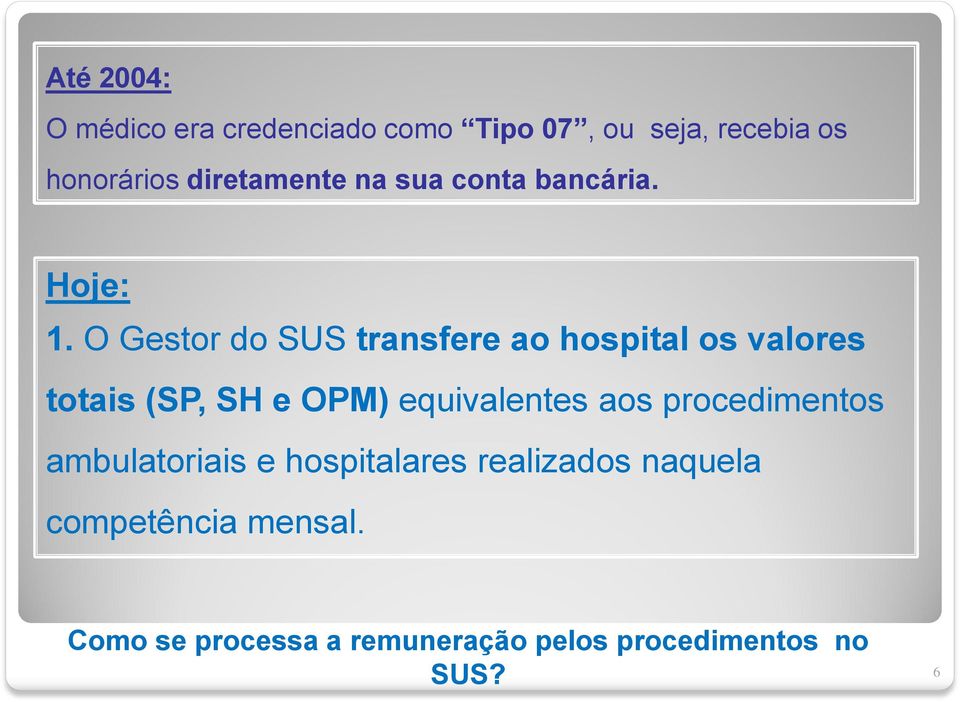 O Gestor do SUS transfere ao hospital os valores totais (SP, SH e OPM) equivalentes aos