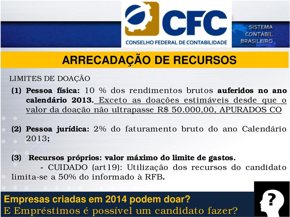 000,00, APURADOS CO (2) Pessoa jurídica: 2% do faturamento bruto do ano Calendário 2013; (3) Recursos próprios: valor máximo do