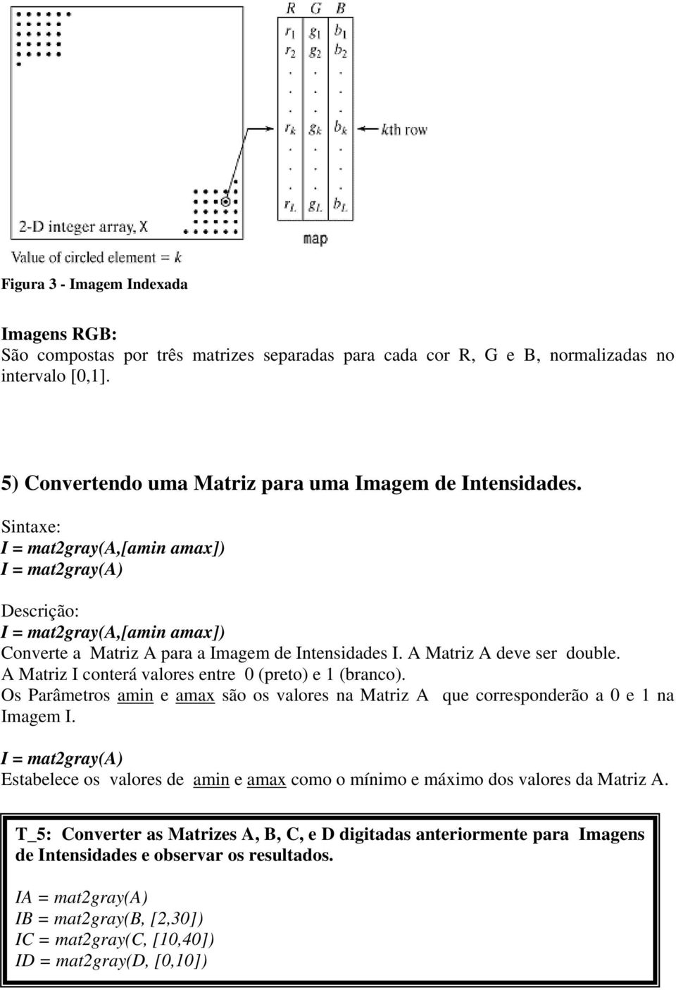 A Matriz I conterá valores entre 0 (preto) e 1 (branco). Os Parâmetros amin e amax são os valores na Matriz A que corresponderão a 0 e 1 na Imagem I.