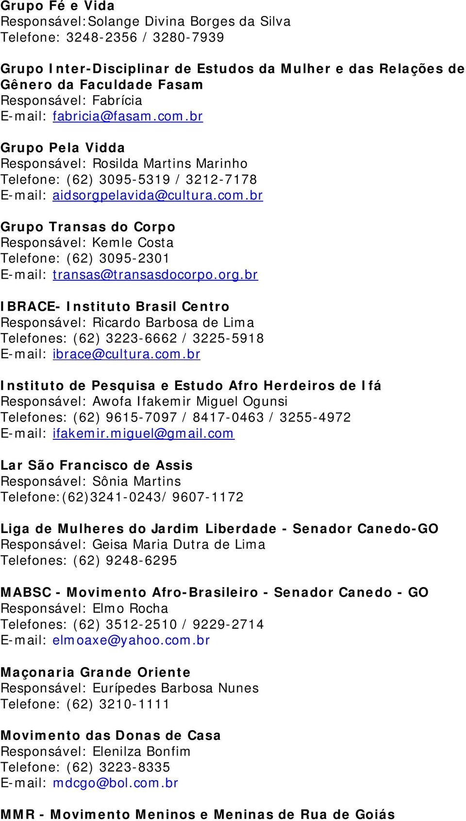 org.br IBRACE- Instituto Brasil Centro Responsável: Ricardo Barbosa de Lima Telefones: (62) 3223-6662 / 3225-5918 E-mail: ibrace@cultura.com.