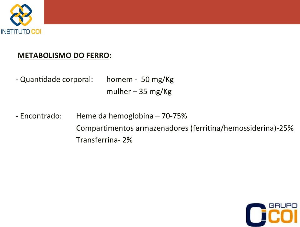 Heme da hemoglobina 70-75% Comparkmentos