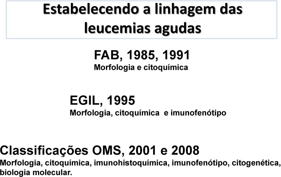 imunofenótipo Classificações OMS, 2001 e 2008 Morfologia,