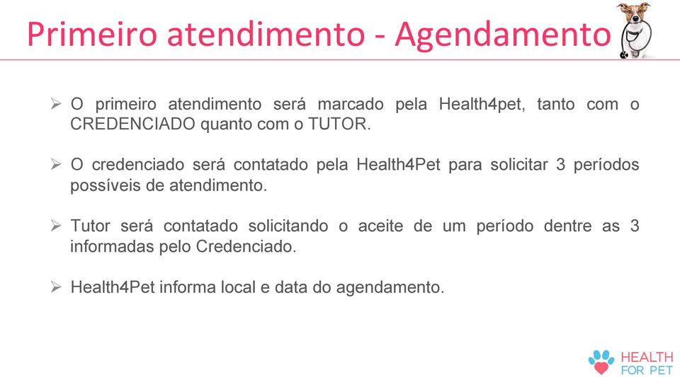 Ø O credenciado será contatado pela Health4Pet para solicitar 3 períodos possíveis de