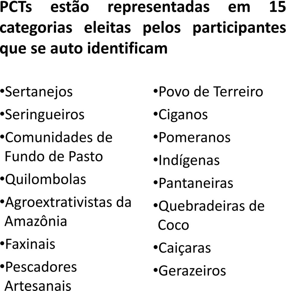 Quilombolas Agroextrativistas da Amazônia Faxinais Pescadores Povo de Terreiro