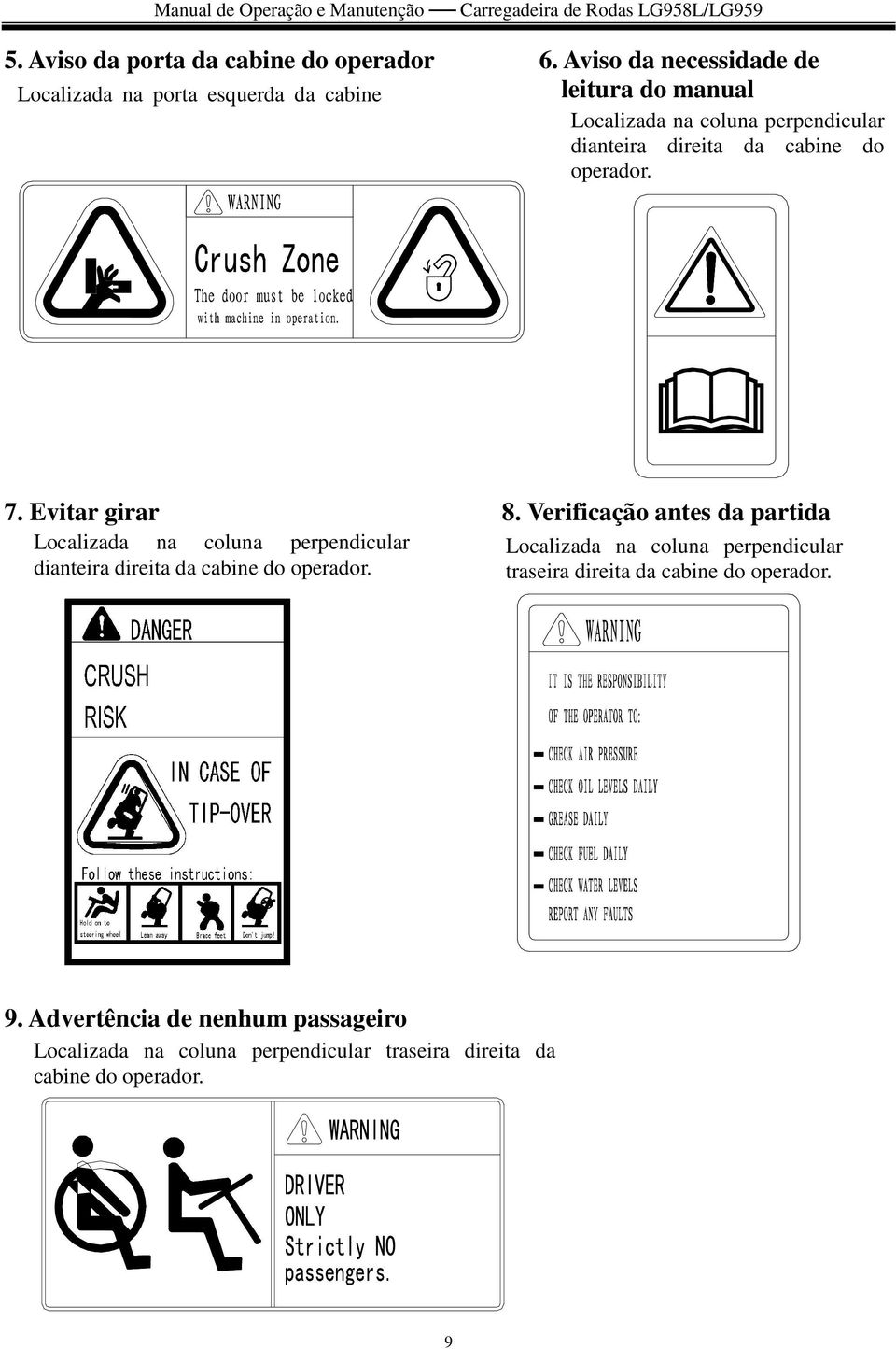 direita da cabine do operador. 7. Evitar girar 8.