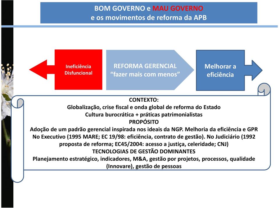 ideais da NGP. Melhoria da eficiência e GPR No Executivo (1995 MARE; EC 19/98: eficiência, contrato de gestão).