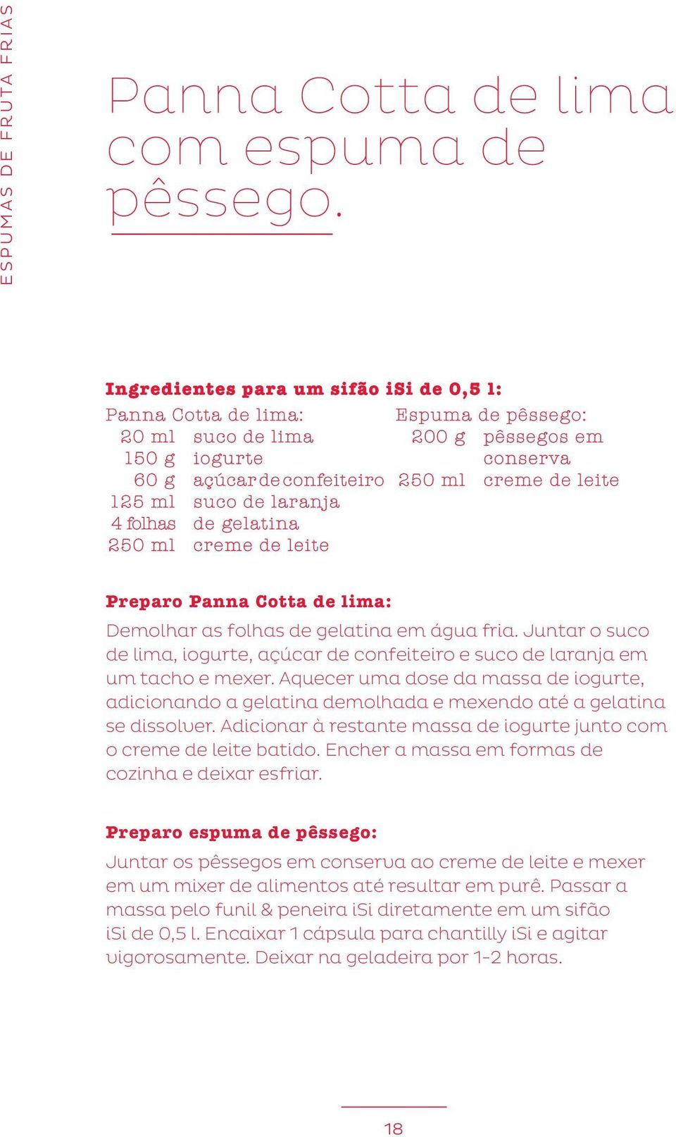 pêssego: 200 g pêssegos em conserva 250 ml creme de leite Preparo Panna Cotta de lima: Demolhar as folhas de gelatina em água fria.