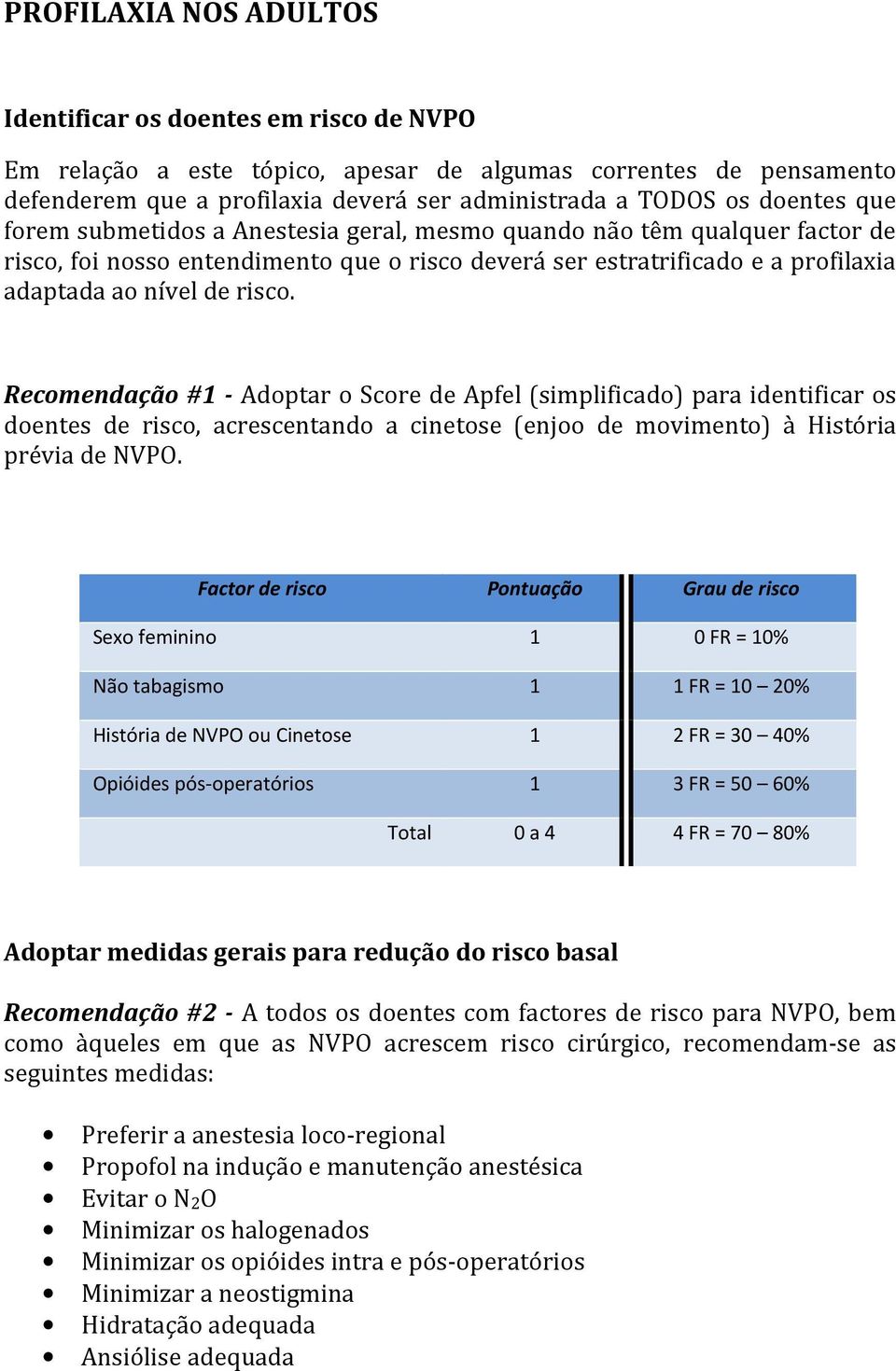 Recomendação #1 - Adoptar o Score de Apfel (simplificado) para identificar os doentes de risco, acrescentando a cinetose (enjoo de movimento) à História prévia de NVPO.