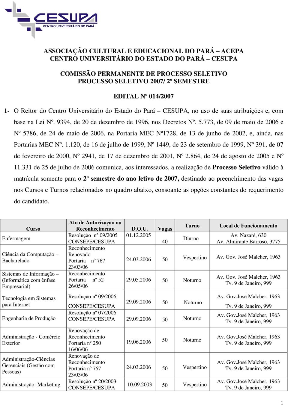 773, de 09 de maio de 2006 e Nº 5786, de 24 de maio de 2006, na Portaria MEC Nº1728, de 13