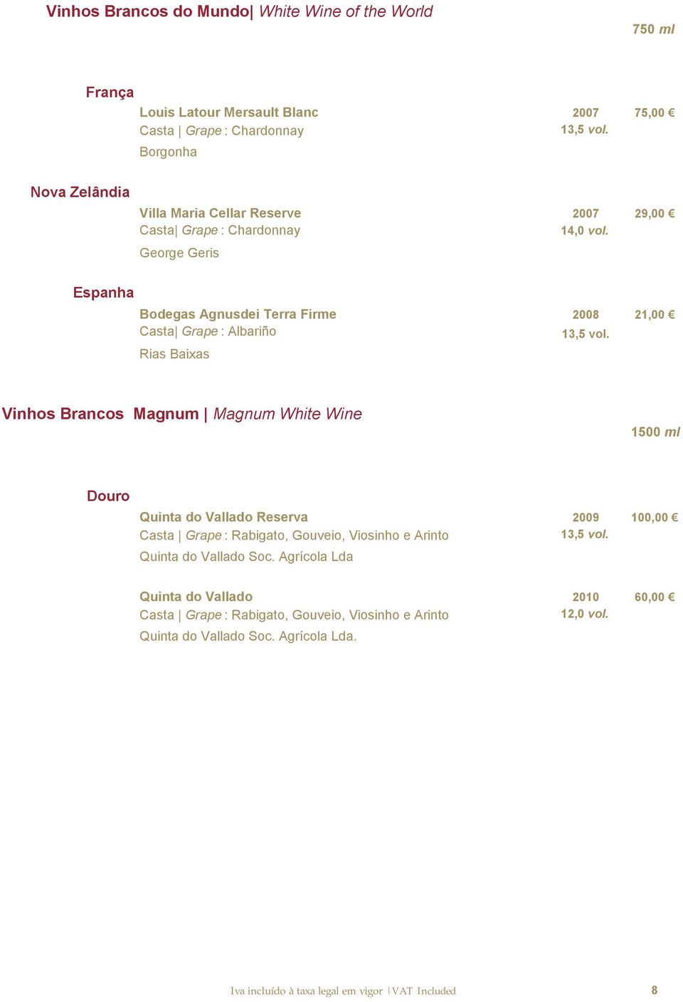 Baixas Vinhos Brancos Magnum Magnum White Wine 1500 ml Quinta do Vallado Reserva Casta Grape : Rabigato, Gouveio, Viosinho e Arinto Quinta do