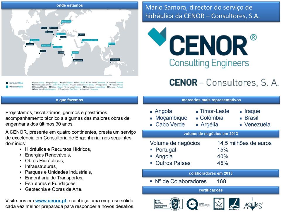 A CENOR, presente em quatro continentes, presta um serviço de excelência em Consultoria de Engenharia, nos seguintes domínios: Hidráulica e Recursos Hídricos, Energias Renováveis, Obras Hidráulicas,