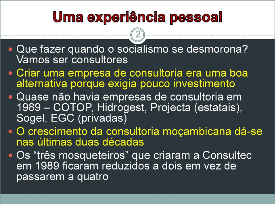 investimento Quase não havia empresas de consultoria em 1989 COTOP, Hidrogest, Projecta (estatais), Sogel, EGC