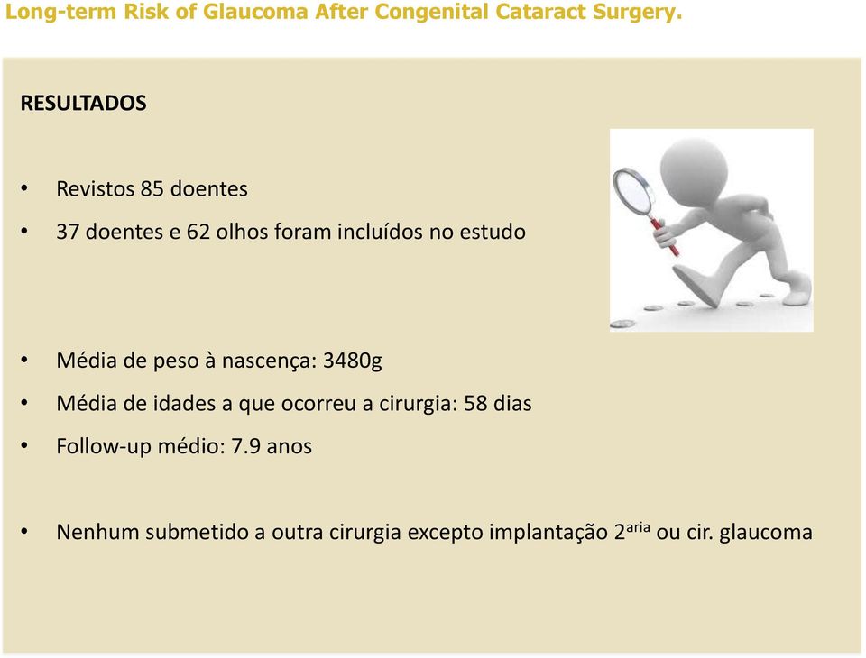 idades a que ocorreu a cirurgia: 58 dias Follow-up médio: 7.