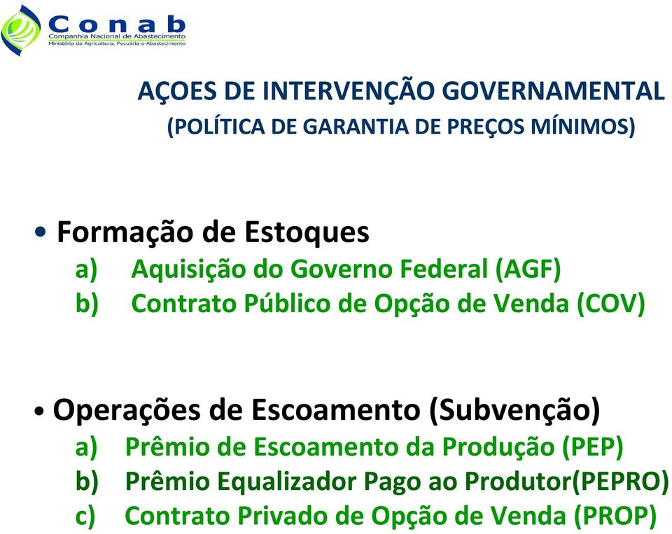 Venda (COV) Operações de Escoamento (Subvenção) a) Prêmio de Escoamento da Produção