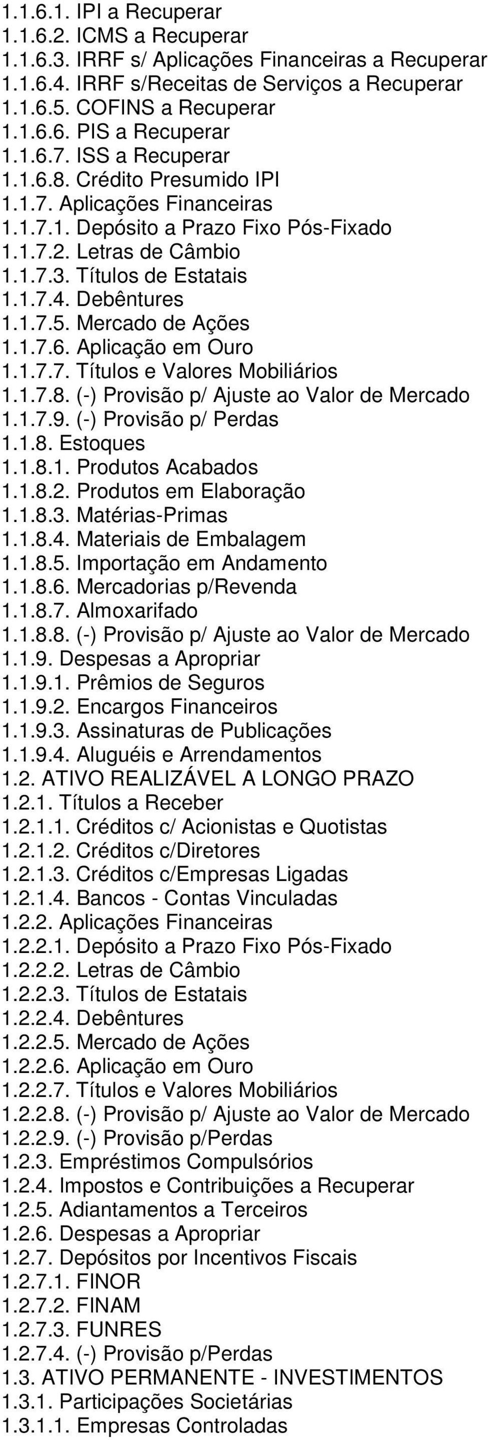 Debêntures 1.1.7.5. Mercado de Ações 1.1.7.6. Aplicação em Ouro 1.1.7.7. Títulos e Valores Mobiliários 1.1.7.8. (-) Provisão p/ Ajuste ao Valor de Mercado 1.1.7.9. (-) Provisão p/ Perdas 1.1.8. Estoques 1.