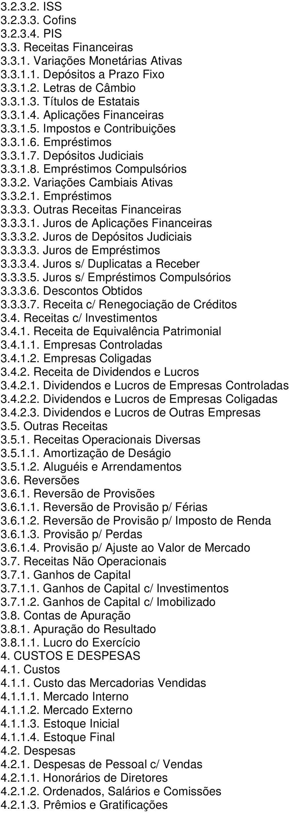 3.3.1. Juros de Aplicações Financeiras 3.3.3.2. Juros de Depósitos Judiciais 3.3.3.3. Juros de Empréstimos 3.3.3.4. Juros s/ Duplicatas a Receber 3.3.3.5. Juros s/ Empréstimos Compulsórios 3.3.3.6.