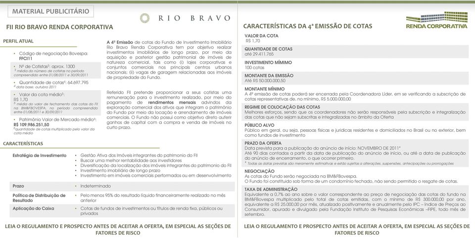 795 4 data base: outubro 2011 Valor da cota médio 5 : R$ 1,70 5 média do valor de fechamento das cotas do FII na BM&FBOVESPA, no período compreendido entre 01/08/2011 e 30/09/2011 Patrimônio Valor de