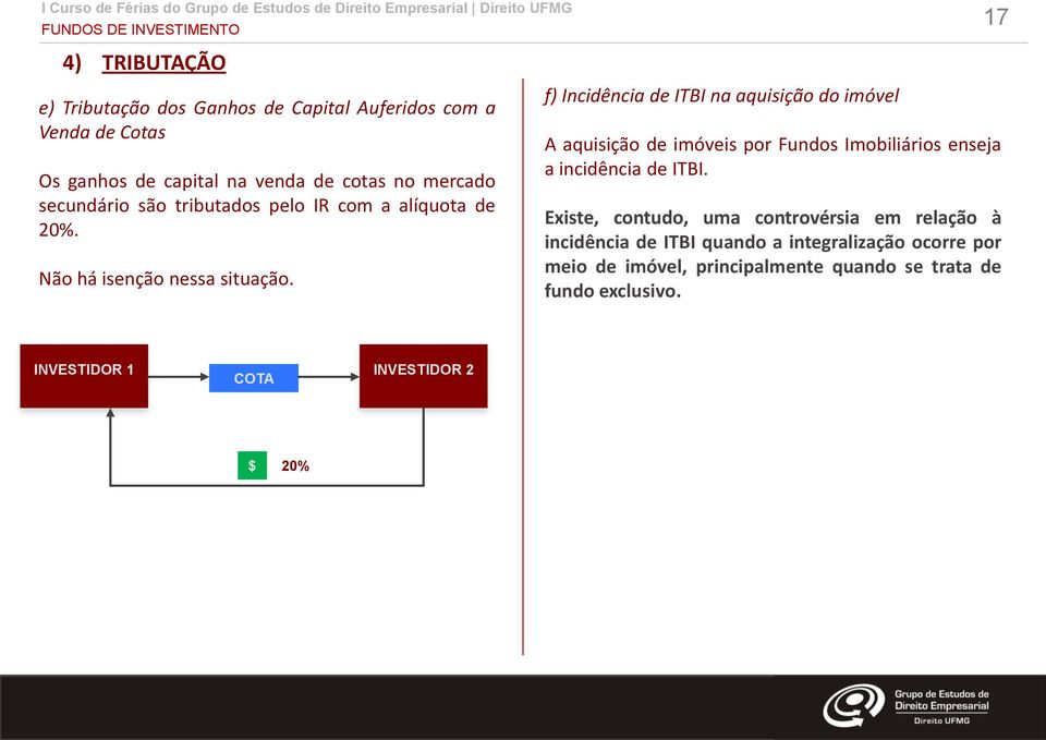 f) Incidência de ITBI na aquisição do imóvel A aquisição de imóveis por Fundos Imobiliários enseja a incidência de ITBI.