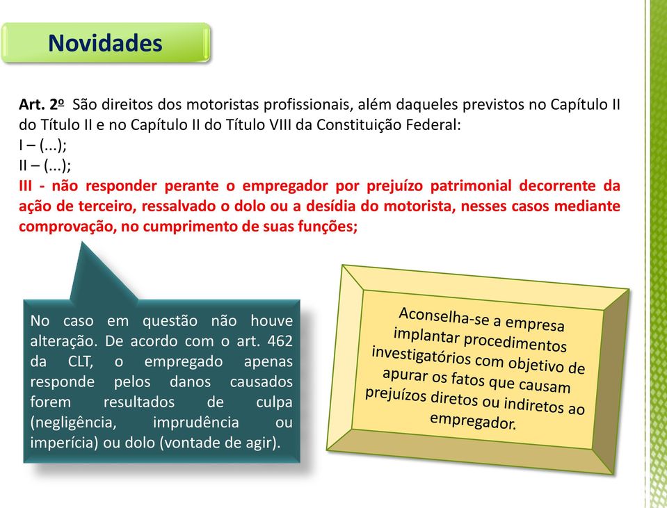 ..); III - não responder perante o empregador por prejuízo patrimonial decorrente da ação de terceiro, ressalvado o dolo ou a desídia do motorista,