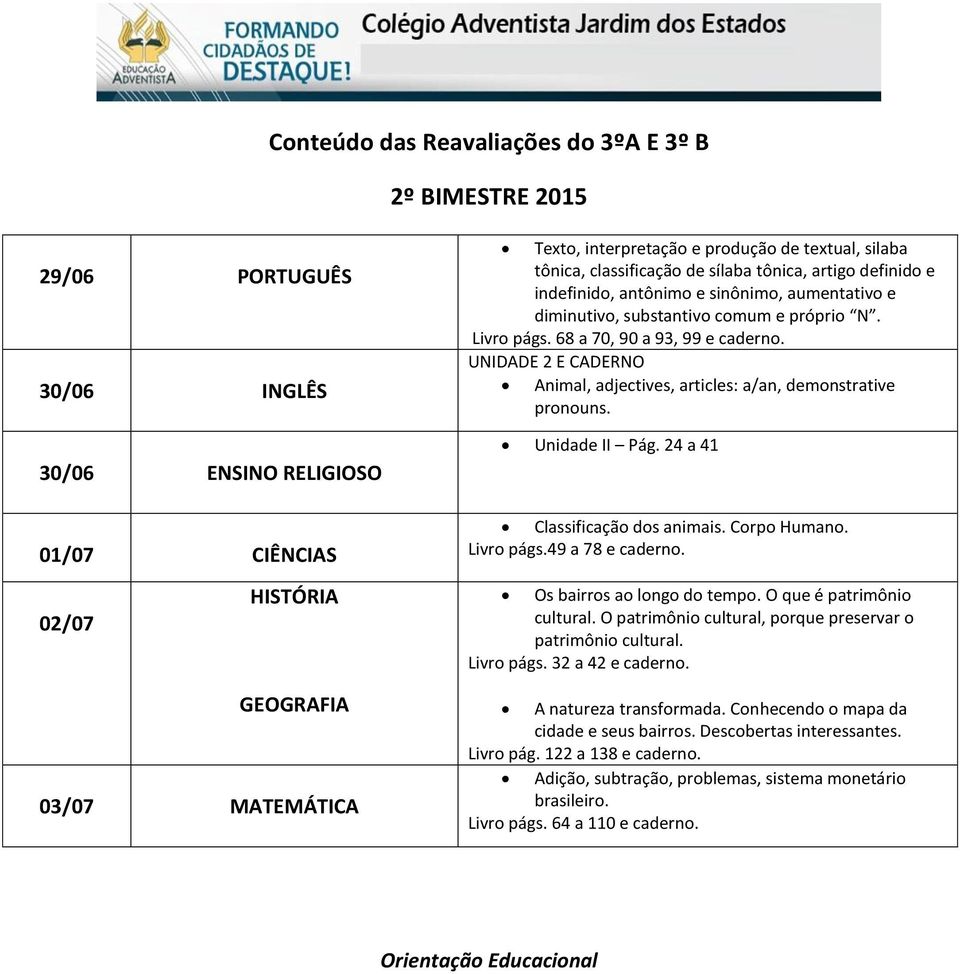 Unidade II Pág. 24 a 41 Classificação dos animais. Corpo Humano. Livro págs.49 a 78 e caderno. Os bairros ao longo do tempo. O que é patrimônio cultural.