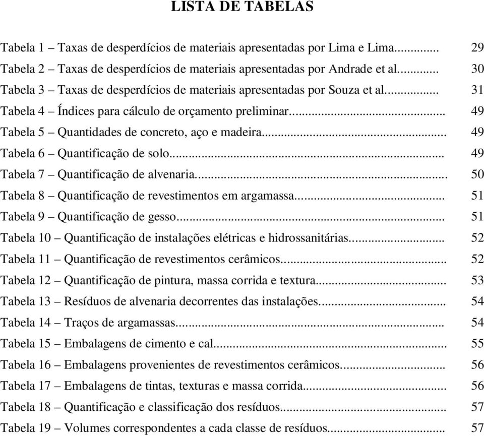 .. 49 Tabela 6 Quantificação de solo... 49 Tabela 7 Quantificação de alvenaria... 50 Tabela 8 Quantificação de revestimentos em argamassa... 51 Tabela 9 Quantificação de gesso.