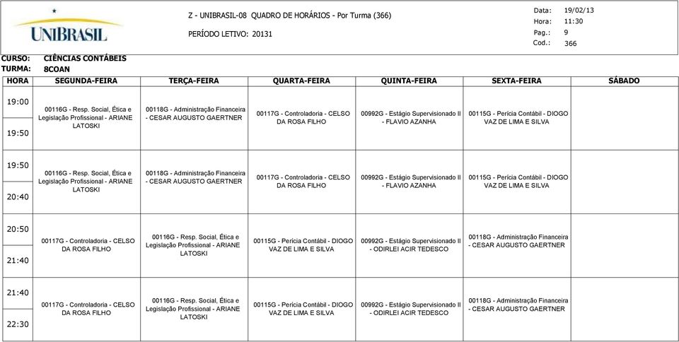 00115G - Perícia Contábil - DIOGO VAZ DE LIMA E SILVA 00116G - Resp.  00115G - Perícia Contábil - DIOGO VAZ DE LIMA E SILVA 00117G - Controladoria - CELSO DA ROSA FILHO 00116G - Resp.