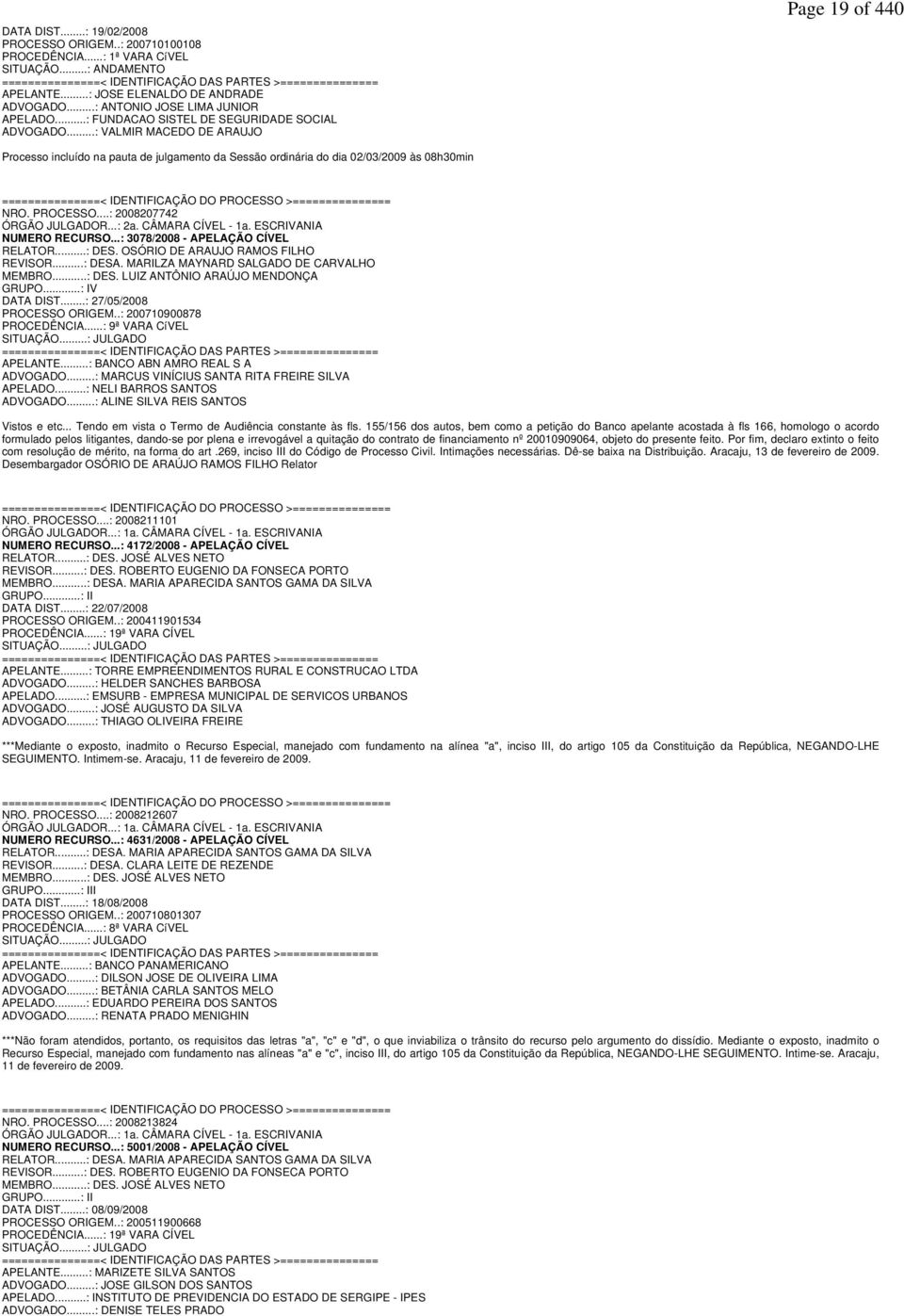 ..: VALMIR MACEDO DE ARAUJO Page 19 of 440 Processo incluído na pauta de julgamento da Sessão ordinária do dia 02/03/2009 às 08h30min ===============< IDENTIFICAÇÃO DO PROCESSO >=============== NRO.