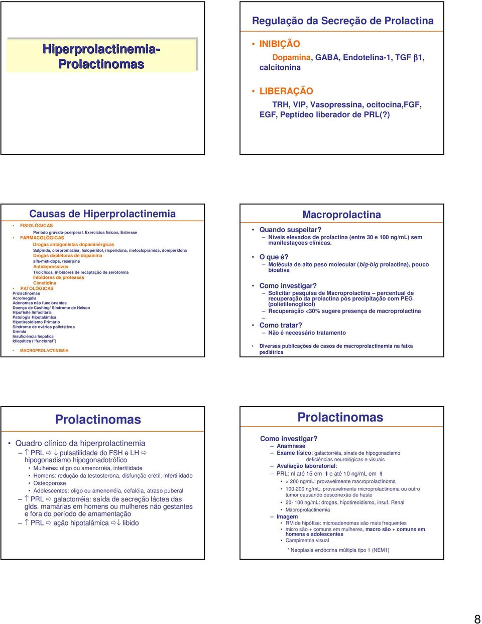 ) Causas de Hiperprolactinemia FISIOLÓGICAS Período grávido-puerperal, Exercícios físicos, Estresse FARMACOLÓGICAS Drogas antagonistas dopaminérgicas Sulpirida, clorpromazina, haloperidol,