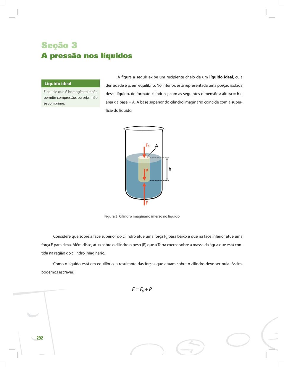 No interior, está representada uma porção isolada desse líquido, de formato cilíndrico, com as seguintes dimensões: altura = h e área da base = A.