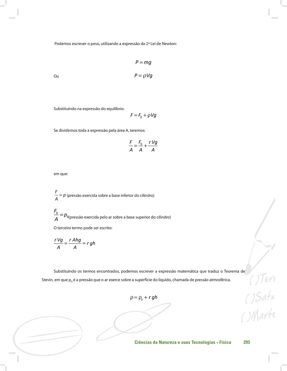 termo pode ser escrito: Substituindo os termos encontrados, podemos escrever a expressão matemática que traduz o Teorema de Stevin, em que p 0 é a