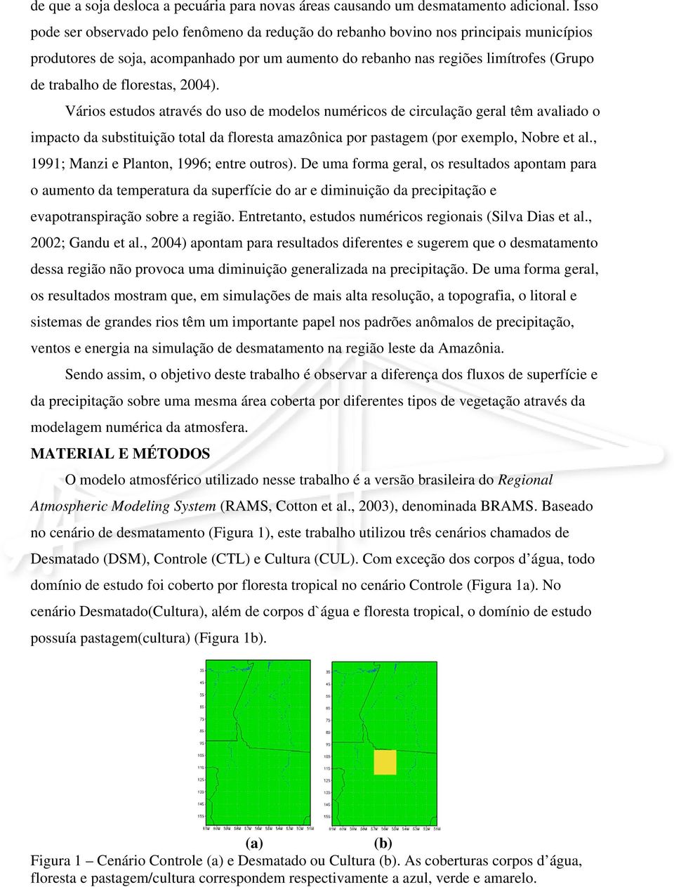 florestas, 2004). Vários estudos através do uso de modelos numéricos de circulação geral têm avaliado o impacto da substituição total da floresta amazônica por pastagem (por exemplo, Nobre et al.