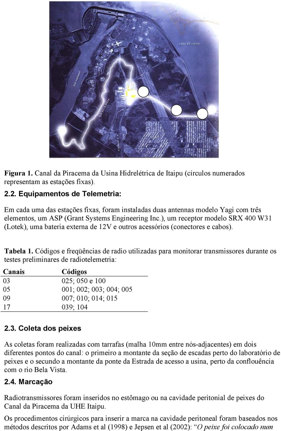 Códigos e freqüências de radio utilizadas para monitorar transmissores durante os testes preliminares de radiotelemetria: Canais Códigos 03 025; 050 e 100 05 001; 002; 003; 004; 005 09 007; 010; 014;