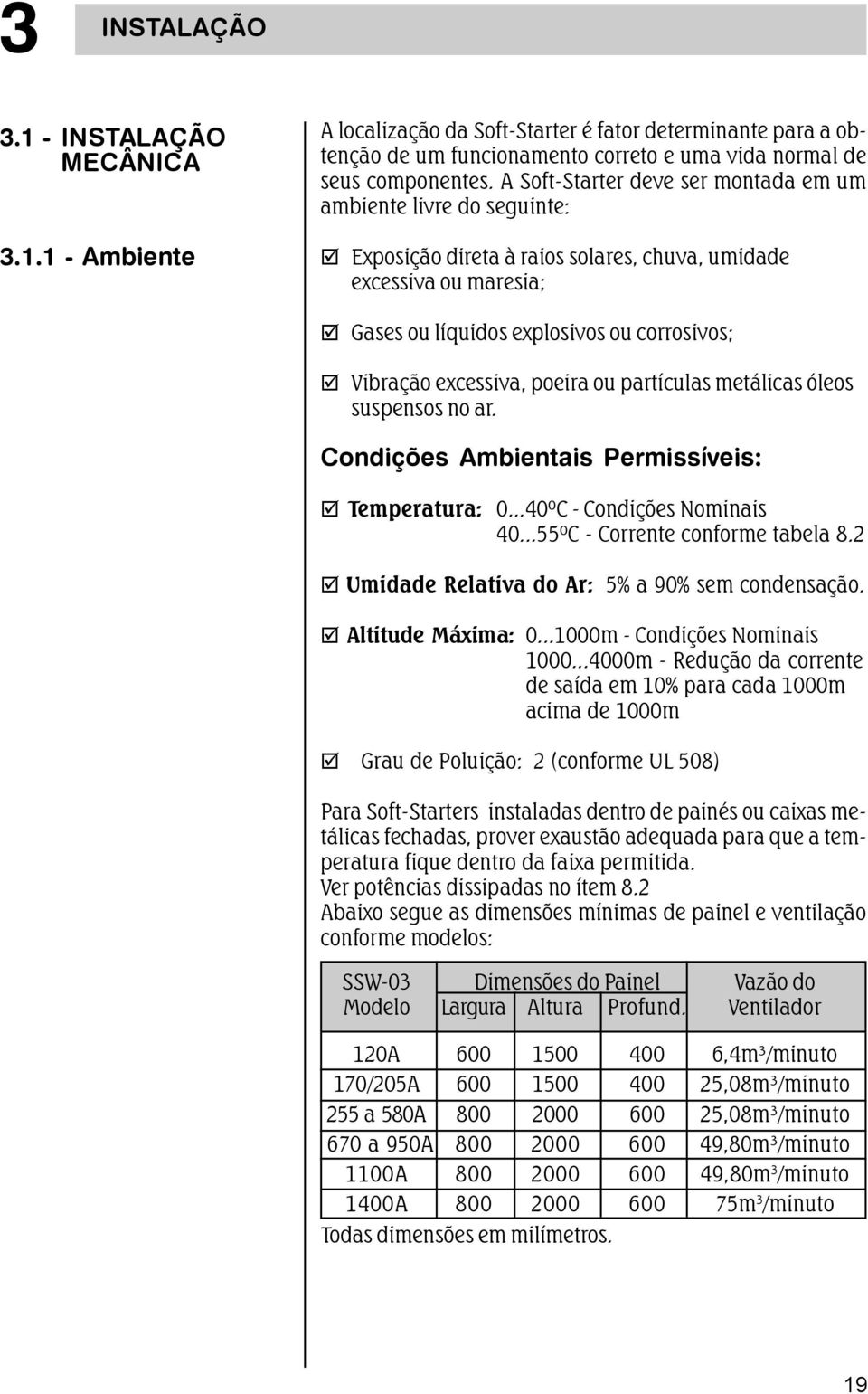 excessiva, poeira ou partículas metálicas óleos suspensos no ar. Condições Ambientais Permissíveis: Temperatura: 0...40ºC - Condições Nominais 40...55ºC - Corrente conforme tabela 8.