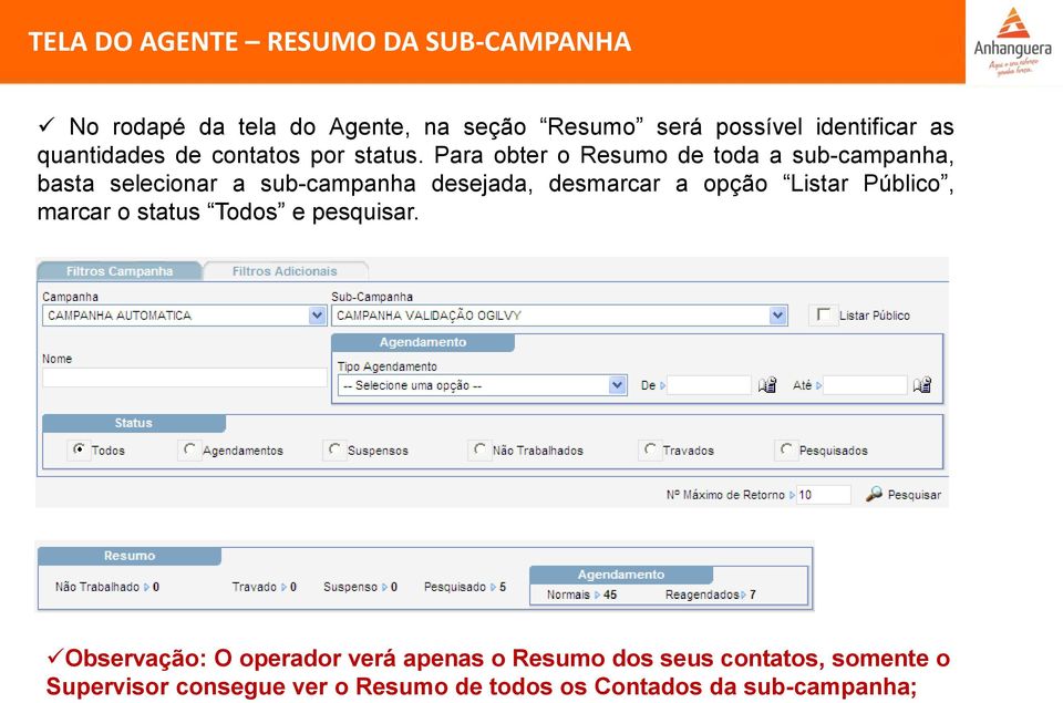 Para obter o Resumo de toda a sub-campanha, basta selecionar a sub-campanha desejada, desmarcar a opção Listar